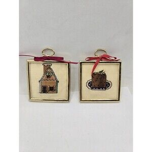 Mini Cross Stitch by Baked Goods in Plastic Gold Frame Vintage